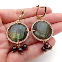 YYGEM Natural Stone Drop Earrings 26mm Natural faceted coin Labradorite Garnet Dangle Earring Gems Stone 240305