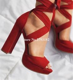 Sandals Women Fashion Suede Leather High Platform Gladiator Lace-up Red Ankle Wrap Heel Dress Shoes