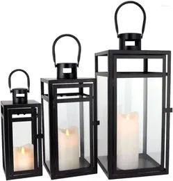 Candle Holders Stainless Steel Lantern Set Of 3 Assorted Sizes (12/15/19 Inch) Tall Metal Hanging Lanterns Clear Glass Panels Indoor &