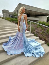 Elegant Ice Blue Sequin Memaid Prom Dresses 2024 Luxury Sheer Neck Plus Size Formal Birthday Party Gowns For Black Girl