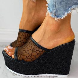 Slippers Ladies Wedge Heel Slipper Fashion Summer Solid Color Sequin Shoes Mesh Open Toe Thick Sole Sandal Fuzzy House For Women