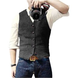 Vests Men's Vneck Suit Vest British Style Single Breasted Woollen Blended Mens Vest Jeans Waistcoat Slim Fit Casual Formal Business