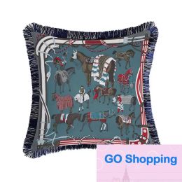 European style High-end double sided printing tassel horse pillow covers soft home office sofa decoration square waist pillow cases