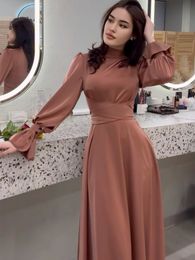 2024 Spring Satin Long Sleeve Elegant Women Dress Slim Waist A Line High Neck Charming Lady Party Dresses Floor Length Gowns Real Picture