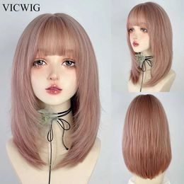 Synthetic Wigs VICWIG Medium Length Synthetic Straight Pink Wigs Women Lolita Cosplay Fluffy Hair Heat Resistant Wig for Daily Party 240329