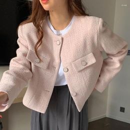 Women's Jackets French Small Fragrance O Neck Female Single-breasted Pocket Decoration Loose Tops 2024 Long-sleeved Tweed Coat Woman