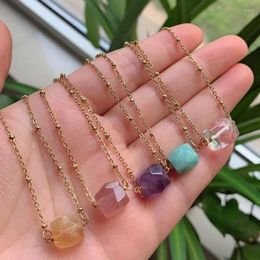 Pendant Necklaces 10pc/pack Natural Crystal Stone Necklace Small Square Charm Pink Purple Stainless Steel Choker Chain