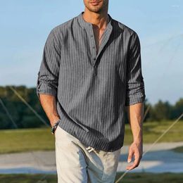 Men's Casual Shirts Buttoned Neckline Shirt Long Sleeve Button Stylish Striped With Stand Collar Cufflink Detail Soft For Spring
