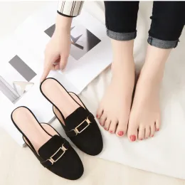 Slippers Ladies Winter Lazy Slippers Black Suede Low Heel Slides Womens Mules Shoes Platform Home Slides Female Pumps Footwear Flip Flops