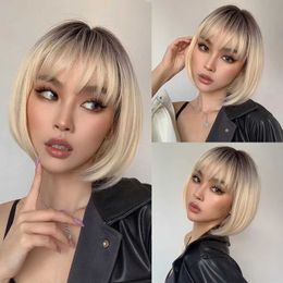 Synthetic Wigs Platinum Blonde Ombre Synthetic Bob Wigs with Bangs Short Straight Natural Hair Wig for Women Daily Party Heat Resistant Fibre 240328 240327