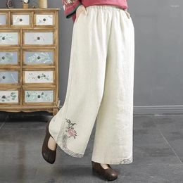 Women's Pants Elastic Waist Chinese Style Wide Leg Trousers With Pockets For Women Retro Loose Fit Design Elegant