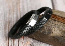 Genuine Leather Bracelets Men 126mm Stainless Steel Magnetic Clasps Cowhide Braided Wrap Trendy Bracelet Armband pulsera hombre6754263