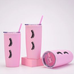 Creative 20oz Pink Eyelashes Water Cup Plastic Travel Car Cup with Lid Straw Double Wall Coffee Cup Drinkware For Girls Gift 240304