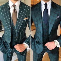 Suits Dark Green Striped/Check Suit Men'S Tuxedo Men'S Full Wedding Slim Fit 3Piece Custom Gentleman Modern Formal Suits For Business