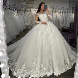 ZJ9364 O Neck A-Line Wedding Dress Long Sleeves Illusion Back Tulle Bridal Gowns Lace Applique Plus Size