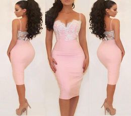 Sexy Pale Pink Cocktail Dresses Sweetheart Spaghetti Straps Lace Satin Sheath Tea Length Evening Party Dresses Backless Short Prom8018379