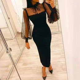 Casual Dresses Intellectual Style 2024 Women Dress Spring U-Shaped Collar Wrapped Sleeves Black Mesh Patchwork Lantern Slim Fitting Long