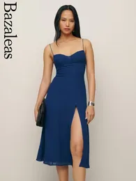 Abiti casual Bazaleas Negozio Elegante Blu Scuro delle Donne Retro Sottile Cinghie di Spaghetti Vestito Sexy Split Parte Superiore Del Tubo Del Partito 2024