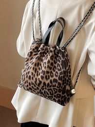 School Bags Niche Design Leopard Print Women's Backpack 2024 Chain Small Portable Bucket Bag