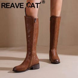 Boots REAVE CAT Ladies Kneehigh Boots 37cm Wide Leg Round Toe Thick Heel 4.5cm Zipper British Style Plus Size 46 47 48 Leisure Shoes