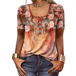 Women's Blouses Casual Pullover Tops Women T-shirt Ethnic Style Floral Print Summer Collection O-neck Short Sleeve Henley V