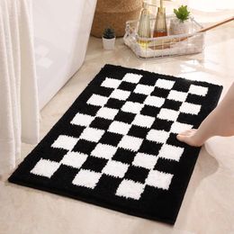 Bath Mats 2024 Checkerboard Bathroom Absorbent Floor Mat Entrance Non-Slip Home Bedroom Door Flocking Carpet