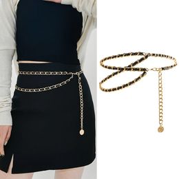 Womens black and gold double waist chain haute couture dress with metal chain edging and tight fitting clothing elegant and warm accessories 240318