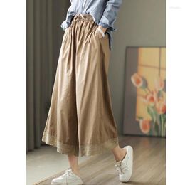 Women's Pants 2024 Arrival Summer Arts Style Women Cotton Calf-length Casual Loose Elastic Waist Lace Patchwork Wide Leg S61