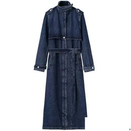 Womens Trench Coats New Autumn Elegant Style Denim Long Sleeved High Neck Loose Fitting City Commuter 1Z Drop Delivery Apparel Clothin Otkce