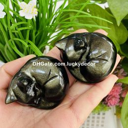 Natural Golden Sheen Obsidian Sleeping Cat Carving Balance Chakra Reiki Stone Quartz Crystal Nap Animal Mineral Specimen Home Decor Wonderful Gift for Pet Lovers