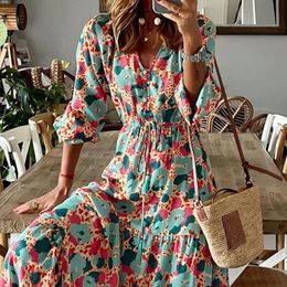 Floral Love Women's Women's Autumn Fashion-V-Neck Long Sleeve Stampa floreale Abito midi sciolto AST98583