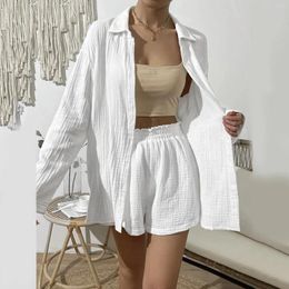 Women's Tracksuits Summer White 2 Piece Outfits Shirt Blouse Pants Sets Casual Long Sleeve V Neck Loungewear Shorts Holiday Party Streetwear