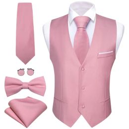 Vests Elegant Vest for Men Pink Solid Satin Waistcoat Tie Bowtie Hanky Set Sleeveless Jacket Wedding Formal Male Gilet Suit Barry