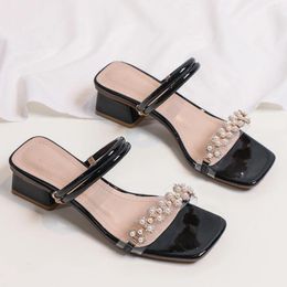 Dress Shoes Pearl Flower Med-high Heeled Sandals Women Two Wears Slip On Slides Brnad Transparent Gladiator Sandalias Summer For