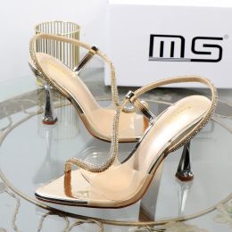 Sandals elegant woman heeled shoes sandals in autumn 2023 pointed rhinestones with stiletto heels transparent belts to wear women shoes