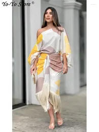 Work Dresses 2024 Printing Pleated Lantern Sleeve Loose Top Fashion Tassel Skirt Women's Two Pieces Suits Spring Summer Elegant Lady Set