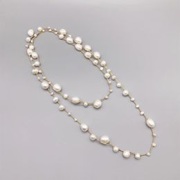 FoLisaUnique Handmade Braid Crochet Freshwater White Pearls Necklace For Women Casual Jewellery Baroque Long 240313