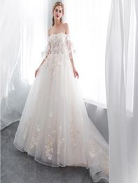 off the shoulder lace a line dresses elegant flare short sleeves tulle applique beaded sweep train wedding bridal dresses cps10033399558
