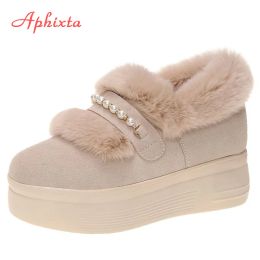 Boots Aphixta 2022 Platform Plush Boots Women Crystals String Bead Hot Warm Height Increasing Short Snow Boots Pearl Fur Shoes Woman