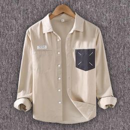 Men's Casual Shirts Outdoor Khaki For Men Splicing Color Contrast Pocket Long Sleeve Shirt Cotton Japanese Designer Coat