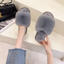 Slippers 2022 Women's Fluffy Fur Slippers Lady Autumn Winter Open Toe Home Warm Flock Shoes Candy Colour Soft Furry Floor Flats Slides