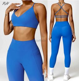 Women's Tracksuits Blue Gym Sets Women Workout Clothes Soft Elastic Gym Leggings Backless Sports Bra New Sexy Fitness Running Sport Sets 24318