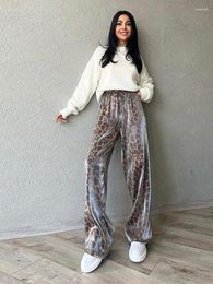 Women's Pants 2024 Fashion Leopard Print Wide Leg Women Chic Glitter High Waist Elastic Lace Up Loose Long Casual Street Wear