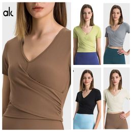 Al Yoga's New Yoga Shirts Sexy V-neck Short Sleeved Women's Cross Fold Waist Slimming Sports T-shirts Fitness Top