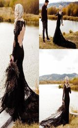 Vintage Black Gothic Mermaid Wedding Dresses Long Sleeves Lace Boho Open Back Bohemian Country Wedding Gowns Bridal Gowns1306672