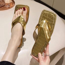 Flops Golden Flip Flops Crocodile Pattern Summer Sandals Women Size 42 Slippers Square Head Home Slippers Open Toe Beach Slides Women