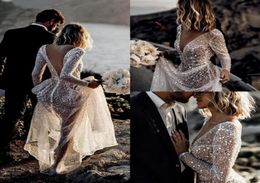 Sexy Sparkly Stunning Long Sleeve A Line Wedding Dresses Sheer Neck Long Sleeves Sequined Beach Wedding Dress Bridal Gown Vestido 1086922