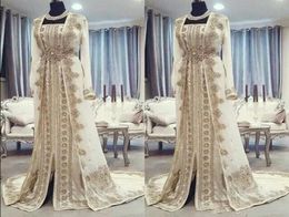 Moroccan Caftan Kaftan Evening Dresses Dubai Abaya Arabic Long Sleeves Amazing Gold Embroidery SquareNeck Occasion Prom Formal Go1300768