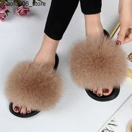 Slippers Womens summer casual fluffy slider with fur flat anti slip real fox fur slider large-sized shoes fur sandals free delivery Q240318