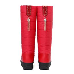 Boots Fashion Women Winter Wedges Knee High Boots Waterproof Girls Snow Boots Fluffy Footwear Ladies Warm Platform Shoes Black Red